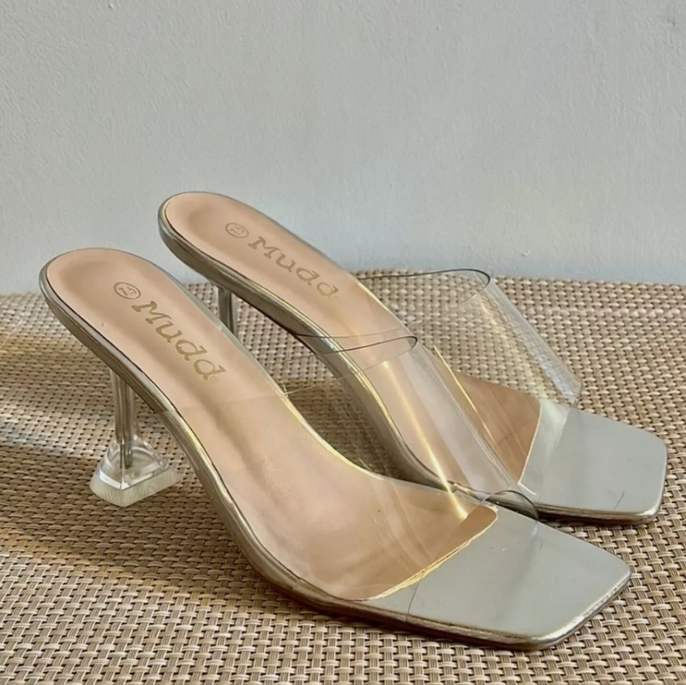 Mudd Y2K 90s Clear Transparent Techno Square Open Toe Sandal Heels